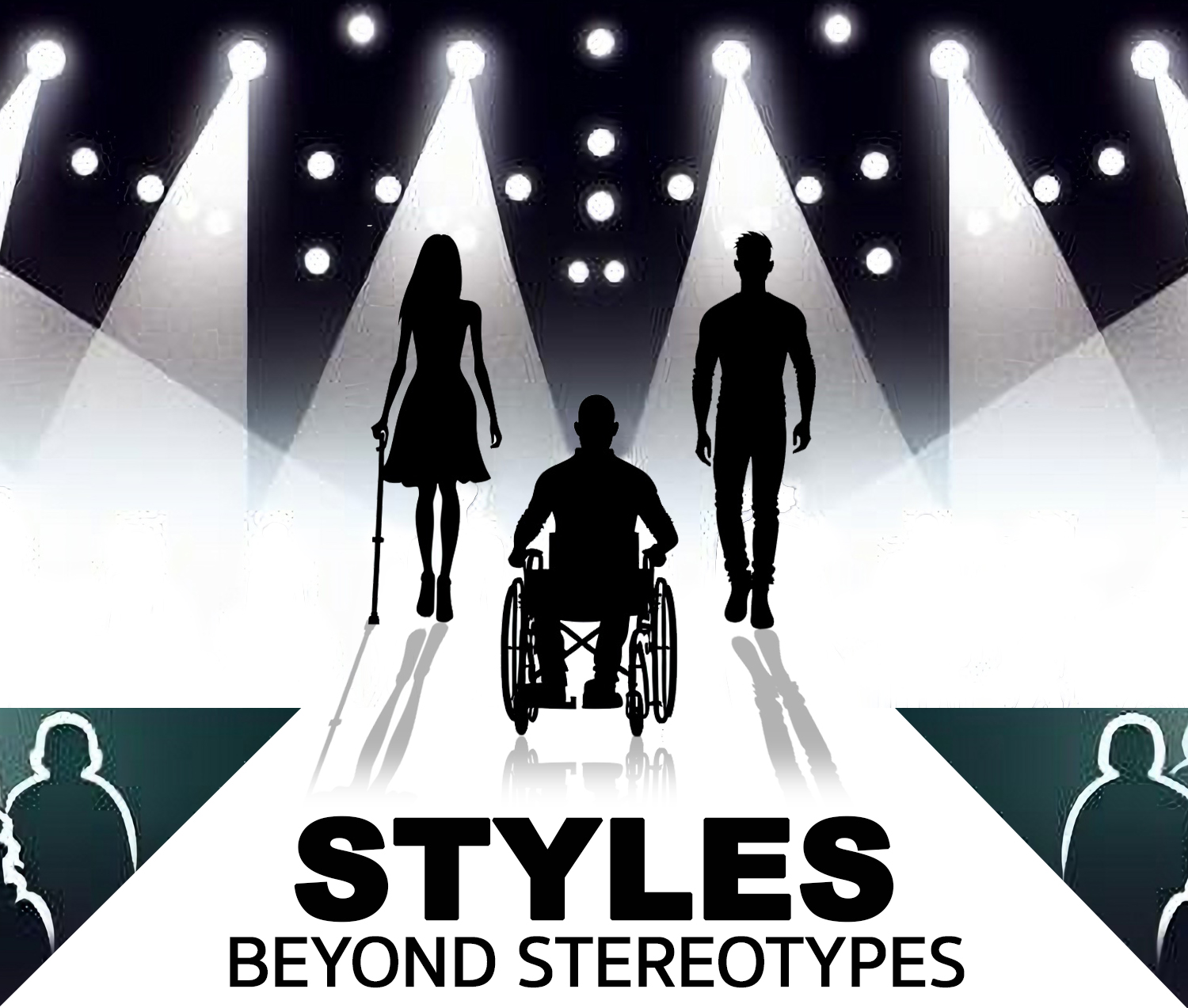 a simple pictogram logo of a fashion show on a runway for people with disabilities titled "Styles Beyond Stereotypes"